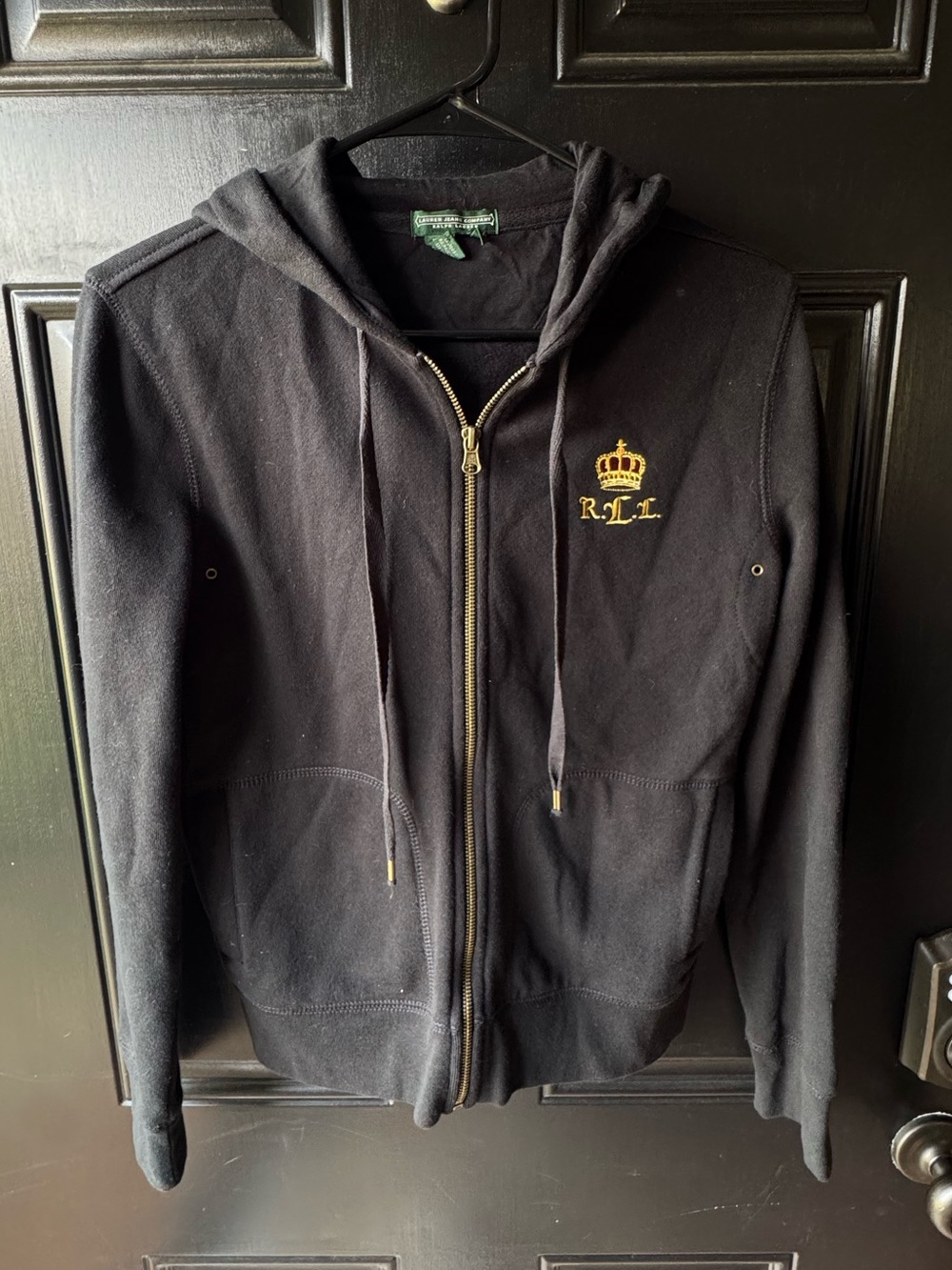 Ralph Lauren Black Zip Front Hoodie with Gold Crest